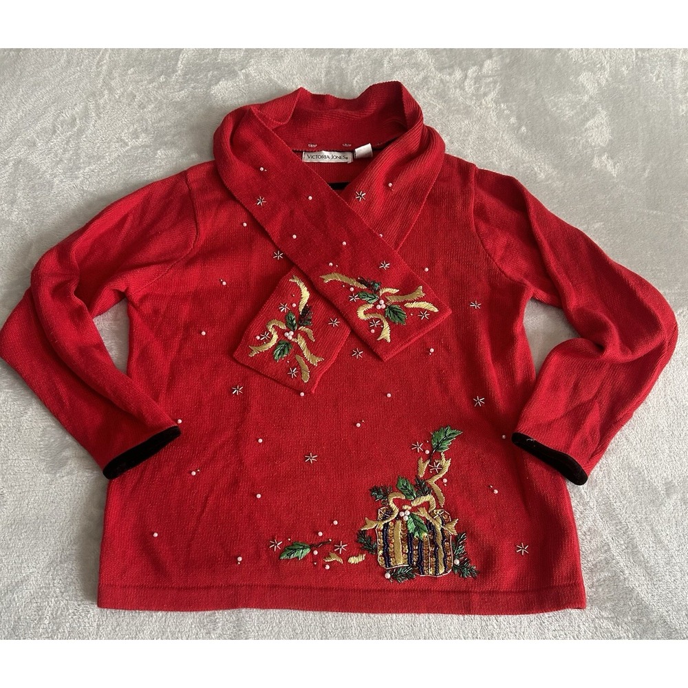 Vtg Victoria Jones Red Christmas Sweater M Beaded Embroidered Festive Scarf - Picture 2 of 14